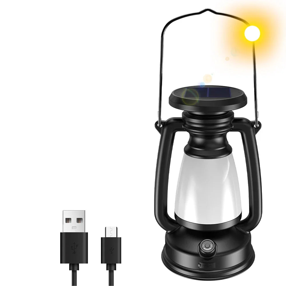 USB & Solar Rechargeable Camping Lantern – Portable Hanging Tent Light with Stepless Dimming (3000K–5000K)