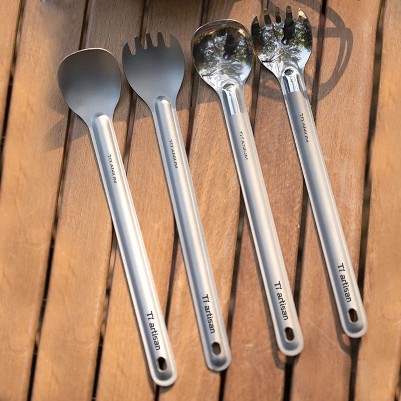 Pure Titanium Cutlery Set – Ultralight Long Handle Spoon or Spork (2pcs) with Storage Bag