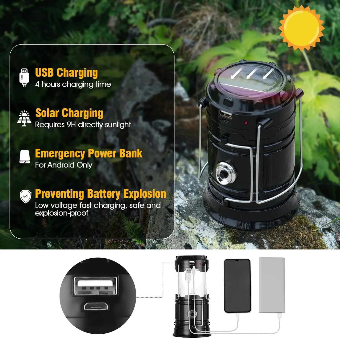 Solar Camping Lantern – USB Rechargeable, Waterproof & Power Bank-Ready