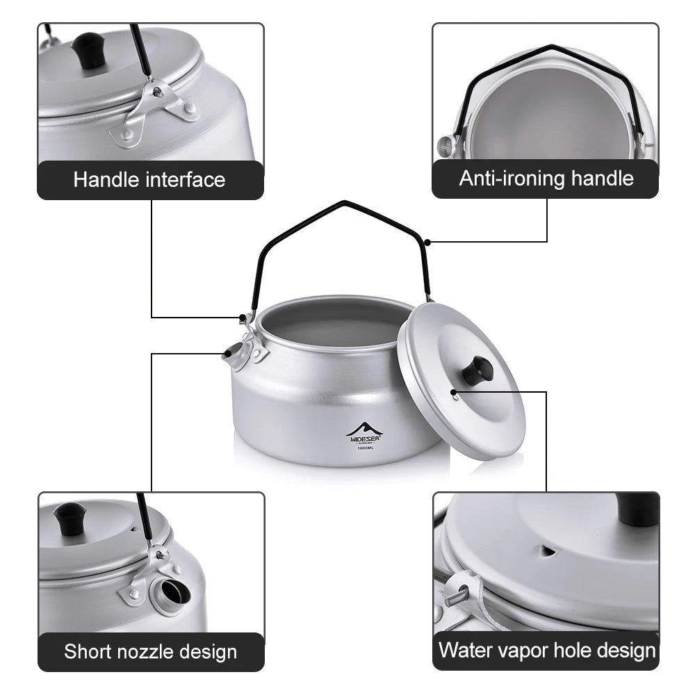 Widesea 1L Camping Kettle – Pure Aluminum Outdoor Cookware with Removable Handle Design