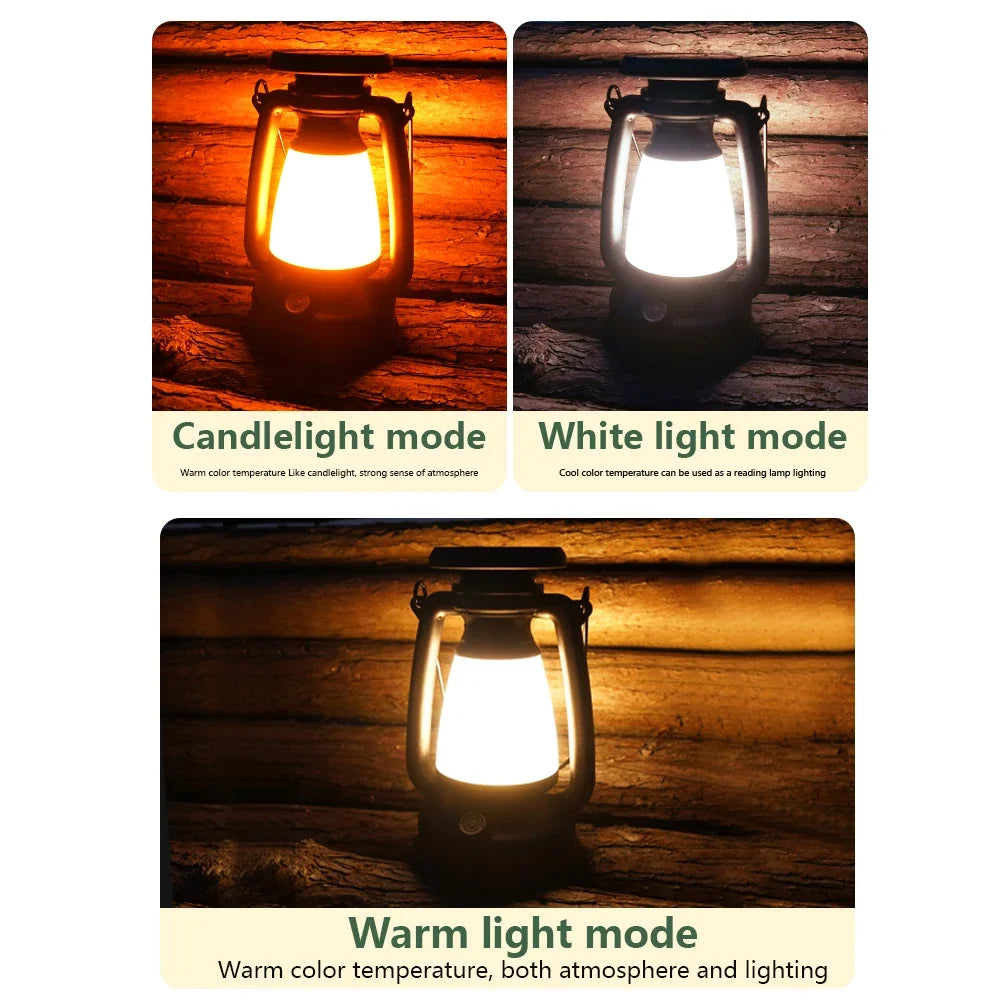 USB & Solar Rechargeable Camping Lantern – Portable Hanging Tent Light with Stepless Dimming (3000K–5000K)