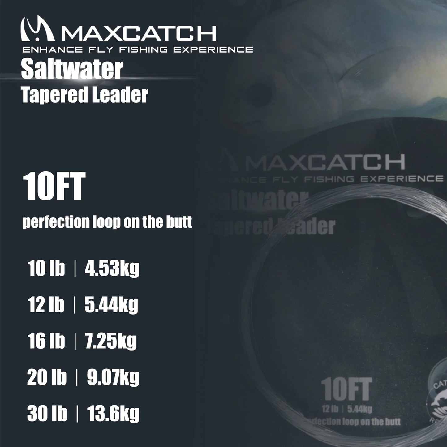 Maximumcatch 6-Piece Saltwater Tapered Leader – 10FT, 10–30LB with Loops (Clear)