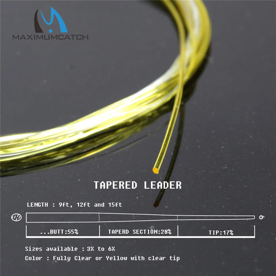 Maximumcatch Tapered Leader – Fully Clear/Yellow with Clear Tip Fly Fishing Leader Line (9ft/15ft, 3X-5X)