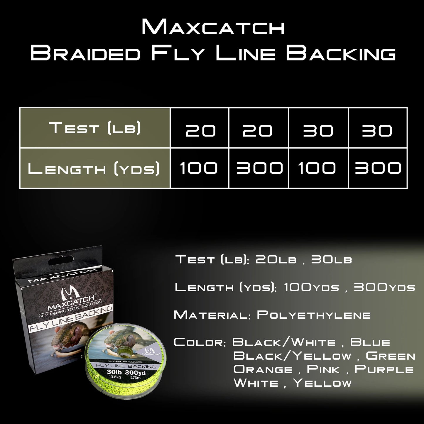 Maximumcatch Braided Backing Line – Fly Fishing Line (20/30LB, 50/100/300 Yards, Multi-Color)