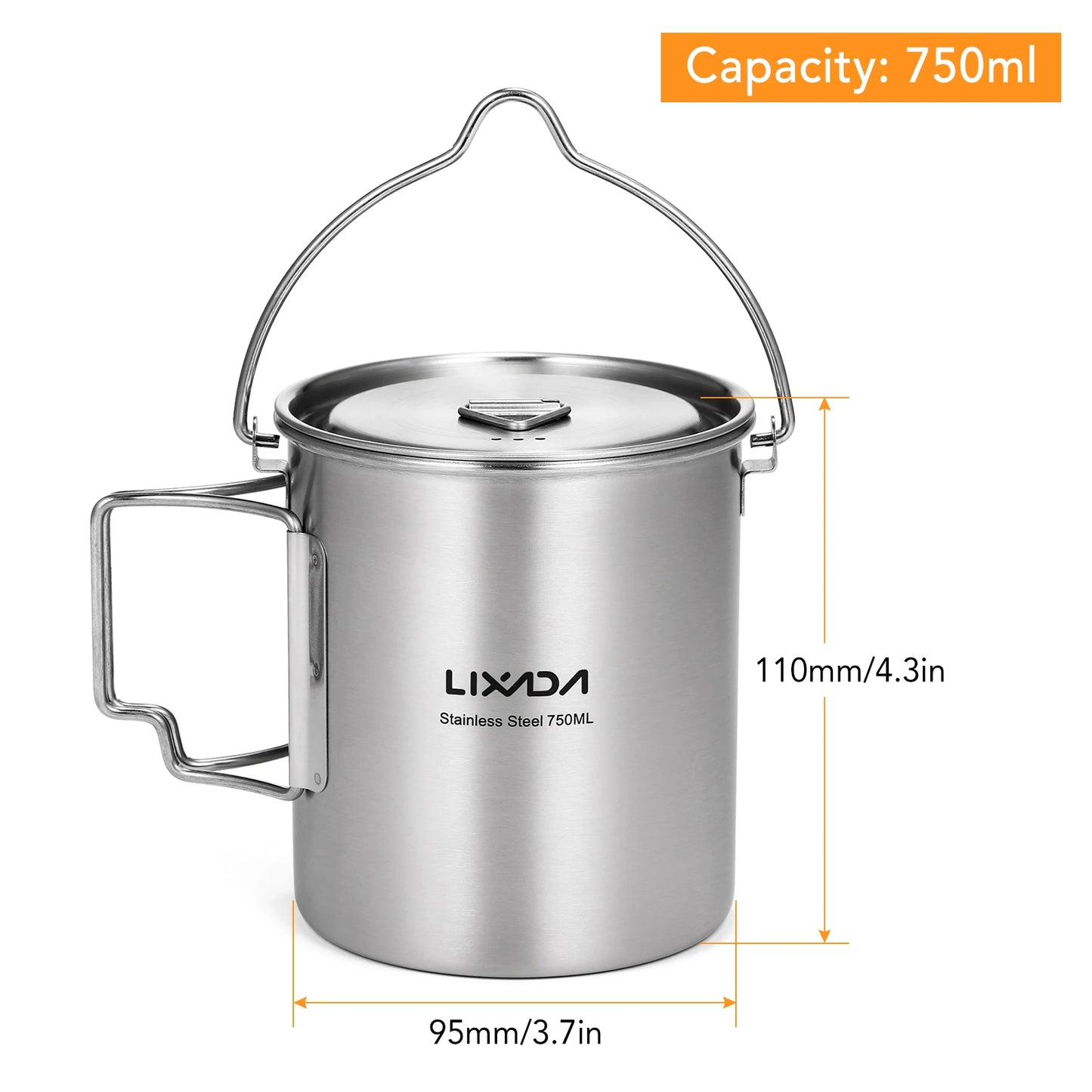 LIXADA Portable 750ml Stainless Steel Pot Water Mug Cup with Lid and Foldable Handle Outdoor Camping Cooking Picnic Drinkingware