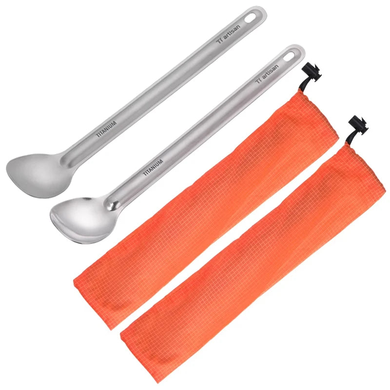 Tiartisan Pure Titanium Cutlery – Ultralight Long Handle Spoon & Spork Set with Storage Bag