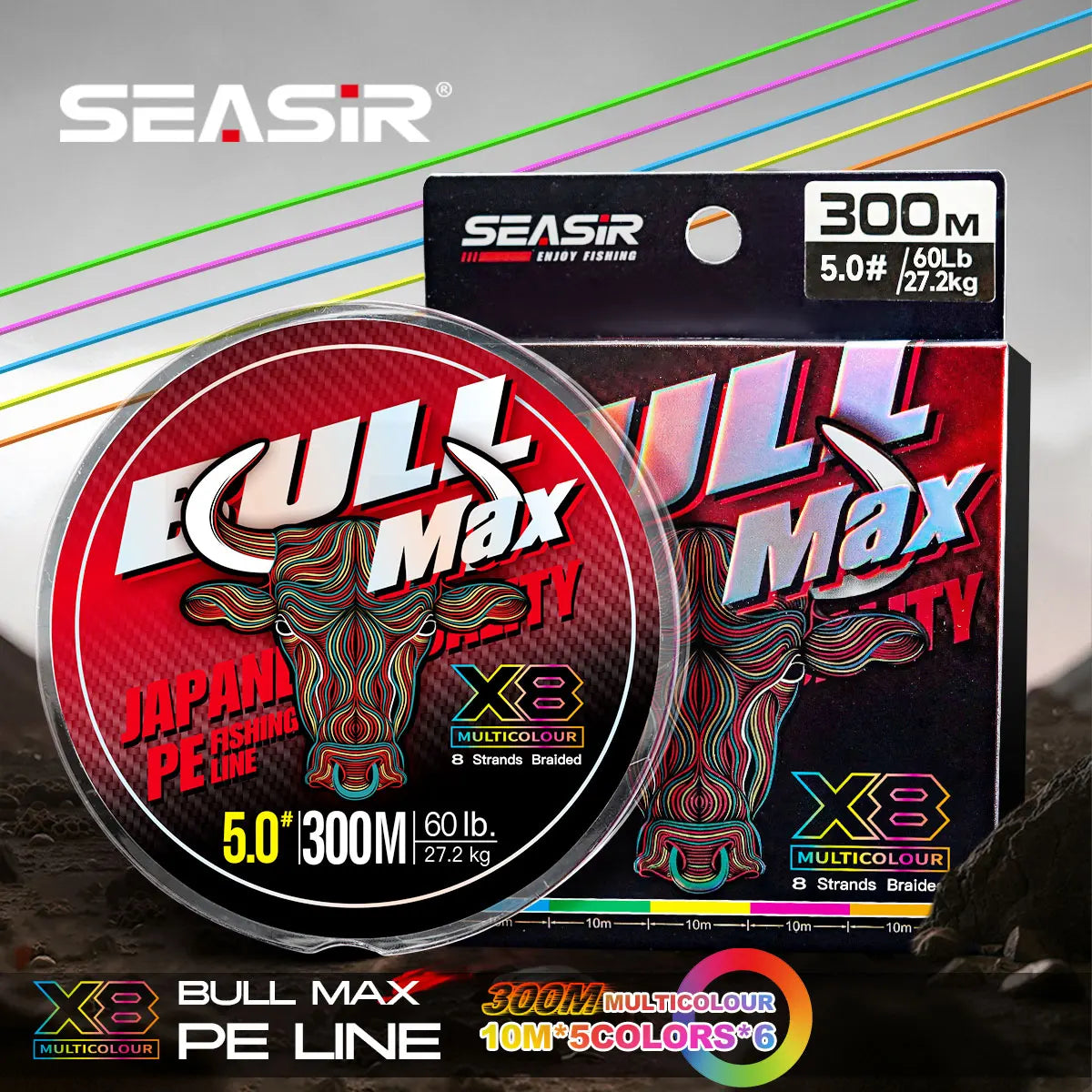Seasir Bull Max X8 Multicolor Braided Fishing Line - Premium PE 8-Strand Braided Line | 300M | PE 0.8-6.0 | 15-70LB