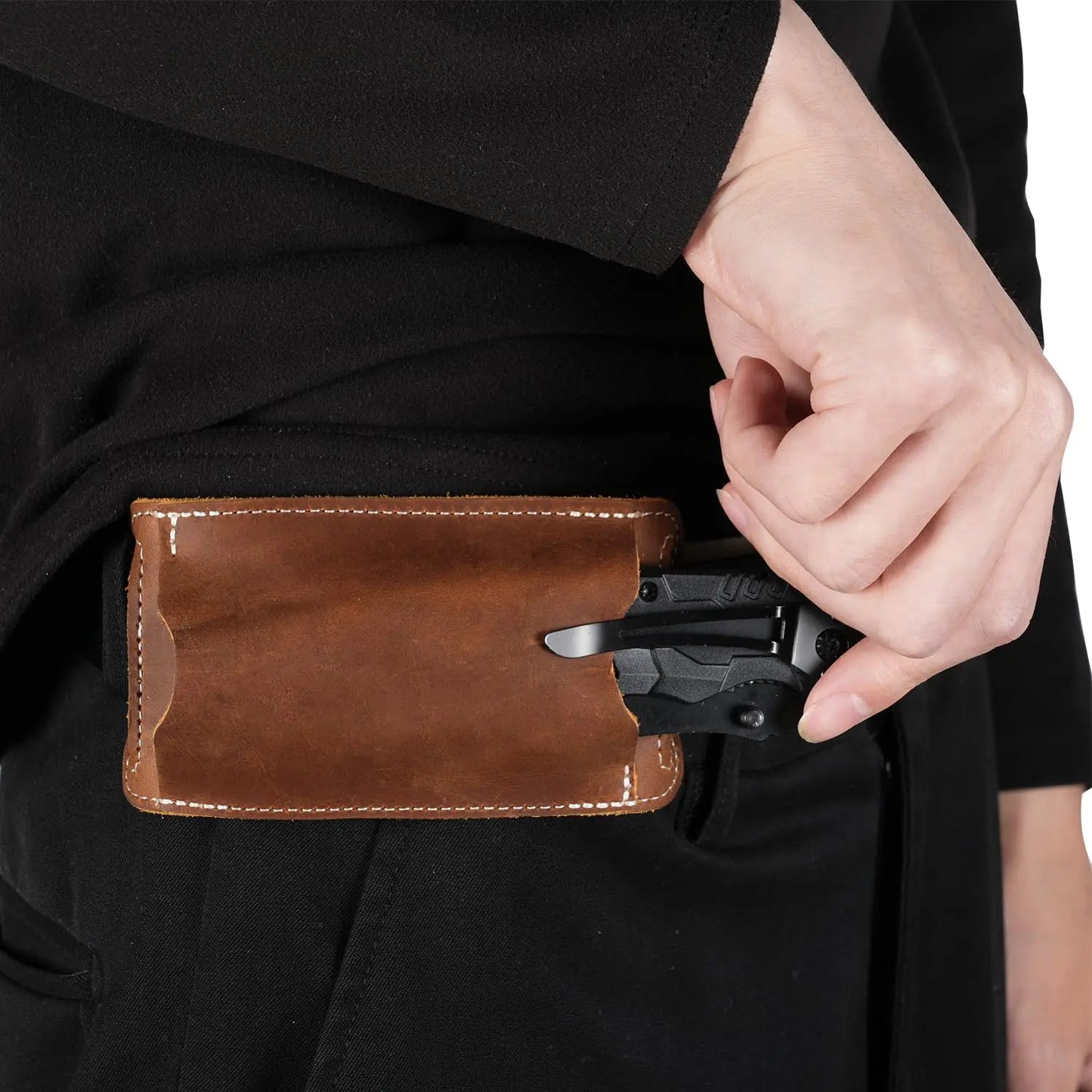 Genuine Leather EDC Folding Knife Sheath – Waist Carrier for Outdoor Survival