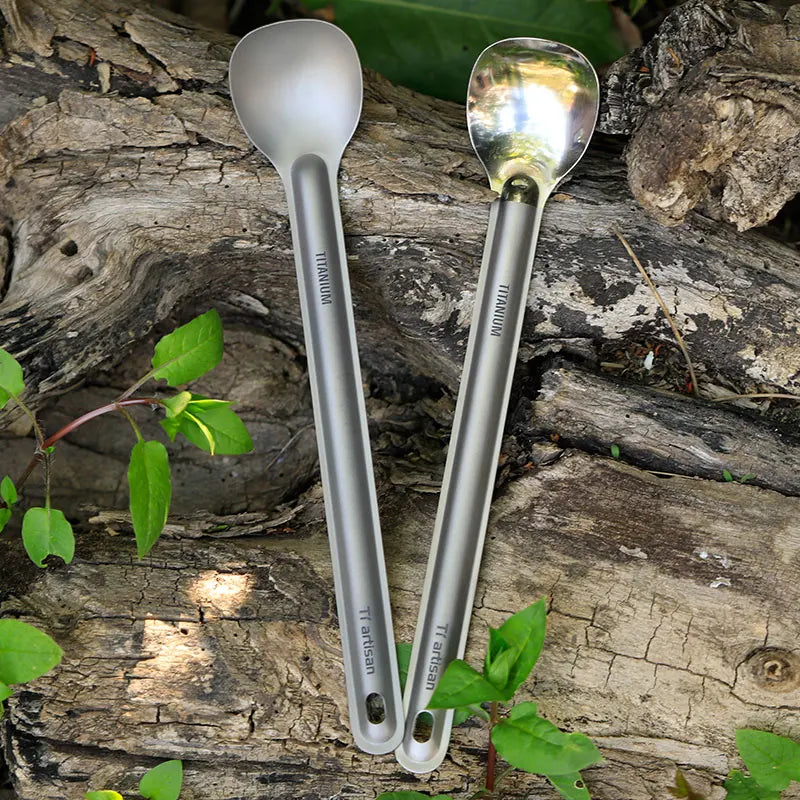 Pure Titanium Cutlery Set – Ultralight Long Handle Spoon or Spork (2pcs) with Storage Bag