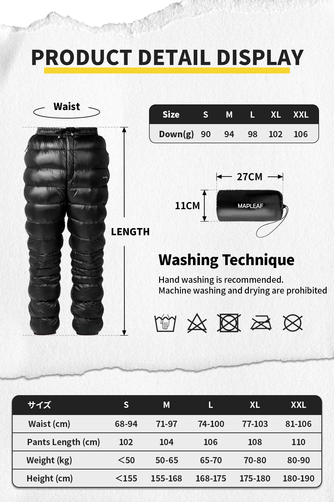 MAPLEAF Ultralight Down Pants – 800FP Warm Winter Trousers for Outdoor Adventures