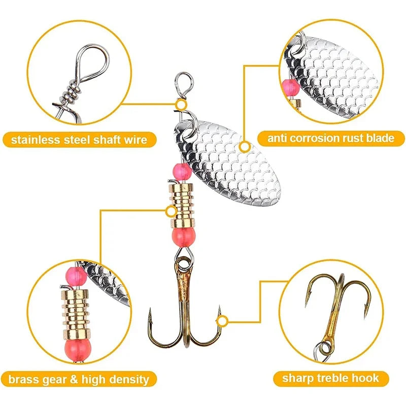 Metal Spinner Spoon Lure Kit Hard Bait Tackle with High-Strength Hooks for Bass Pike Trout Freshwater/Saltwater Fishing
