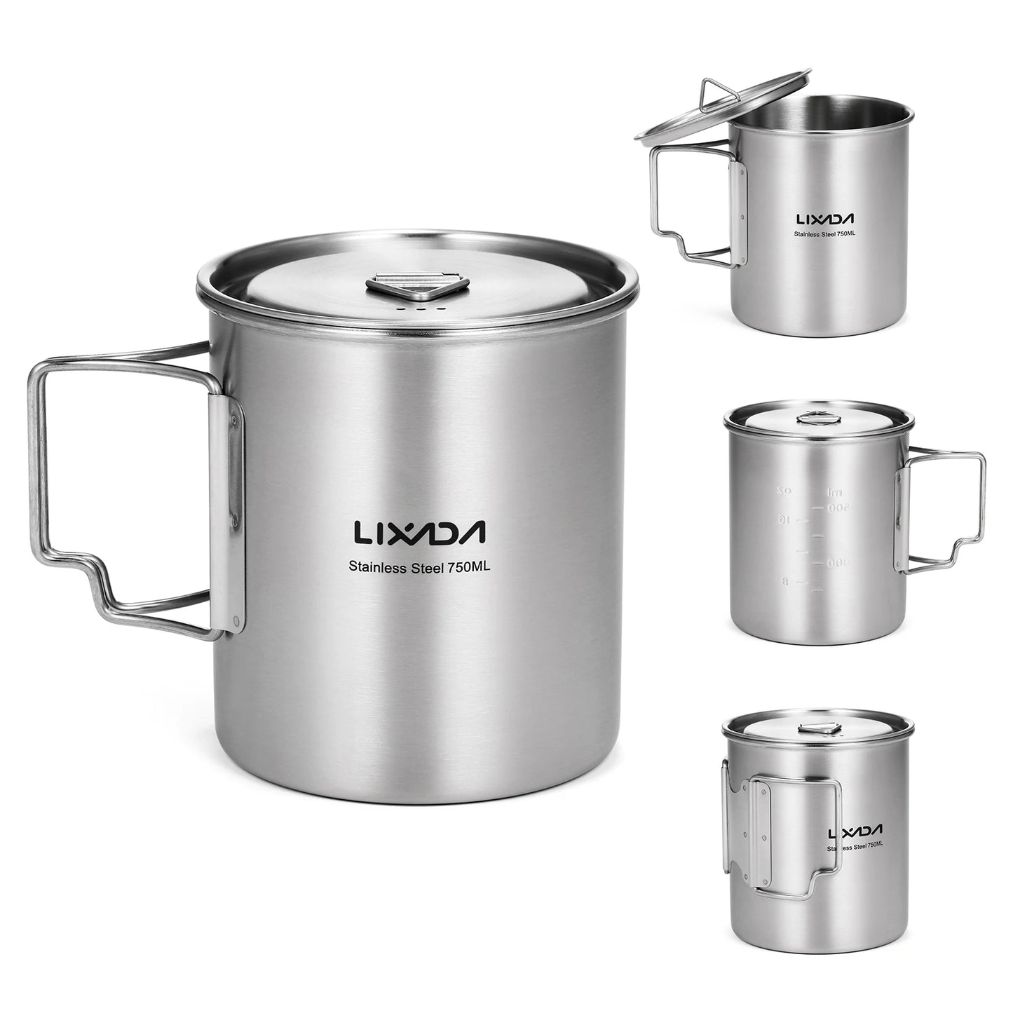 LIXADA Portable 750ml Stainless Steel Pot Water Mug Cup with Lid and Foldable Handle Outdoor Camping Cooking Picnic Drinkingware