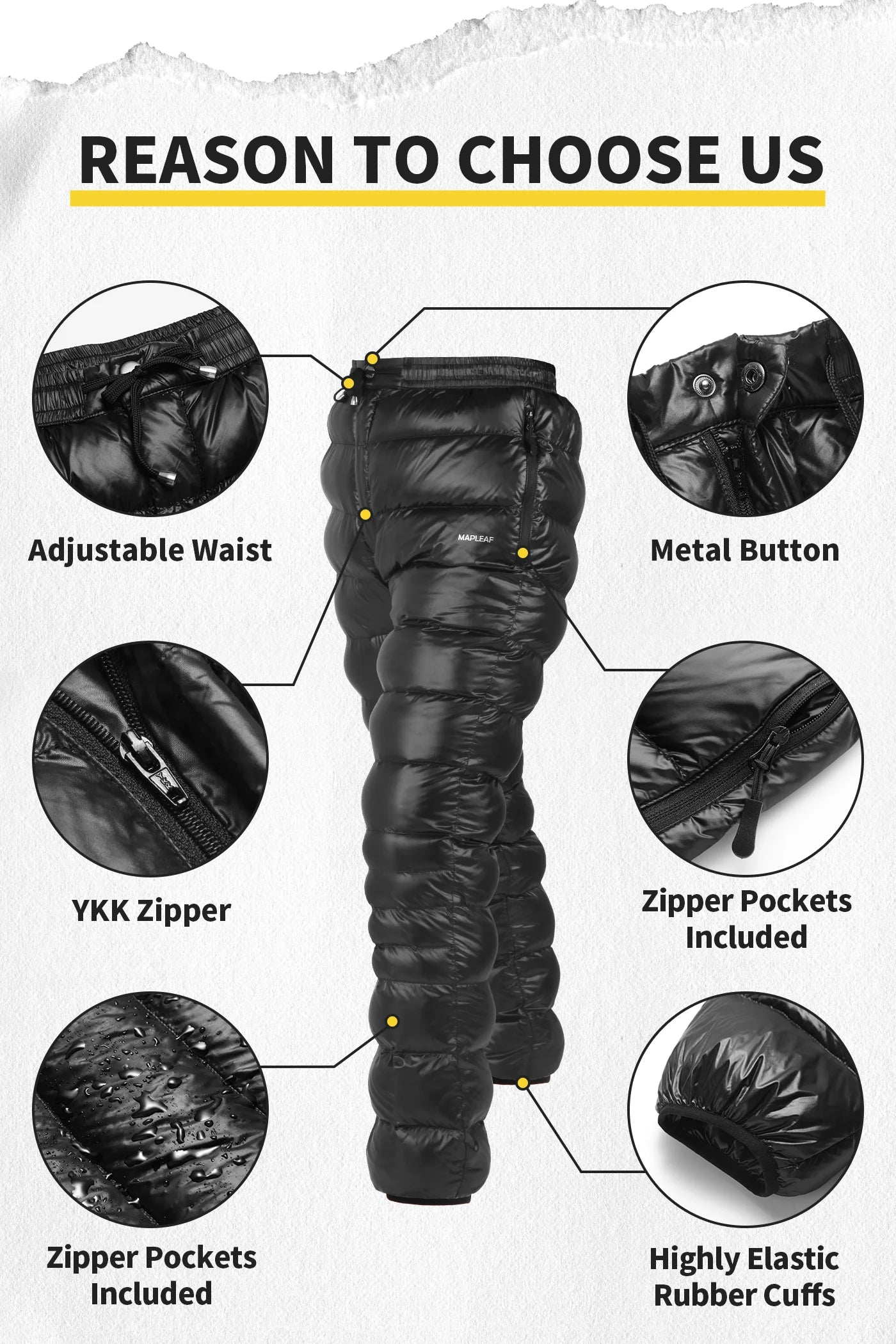 MAPLEAF Ultralight Down Pants – 800FP Warm Winter Trousers for Outdoor Adventures