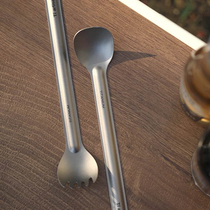 Tiartisan Pure Titanium Cutlery – Ultralight Long Handle Spoon & Spork Set with Storage Bag