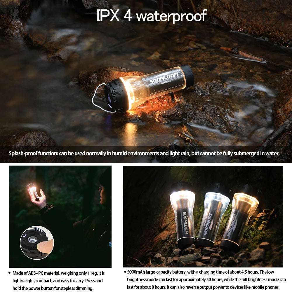 Soomloom 2-Way Camping Lantern – 5000mAh Rechargeable LED Light
