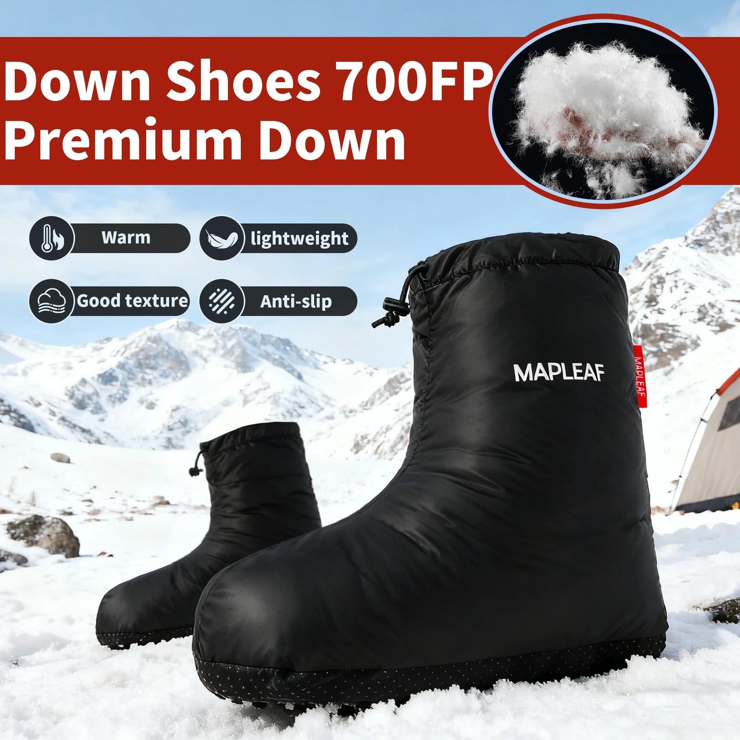 MAPLEAF Down Booties – Winter Warm Down Socks & Slippers for Camping and Hiking