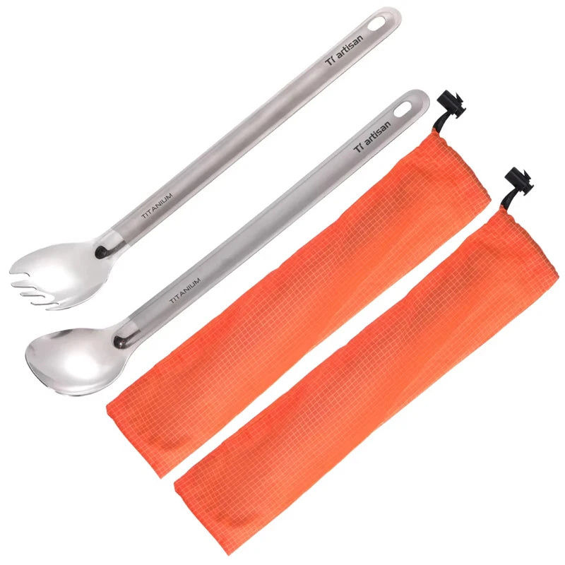 Tiartisan Pure Titanium Cutlery – Ultralight Long Handle Spoon & Spork Set with Storage Bag