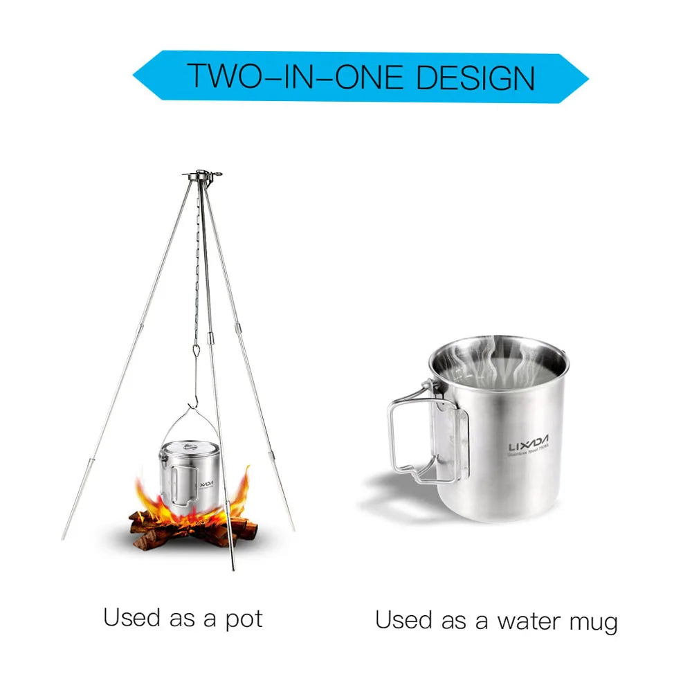 LIXADA Portable 750ml Stainless Steel Pot Water Mug Cup with Lid and Foldable Handle Outdoor Camping Cooking Picnic Drinkingware