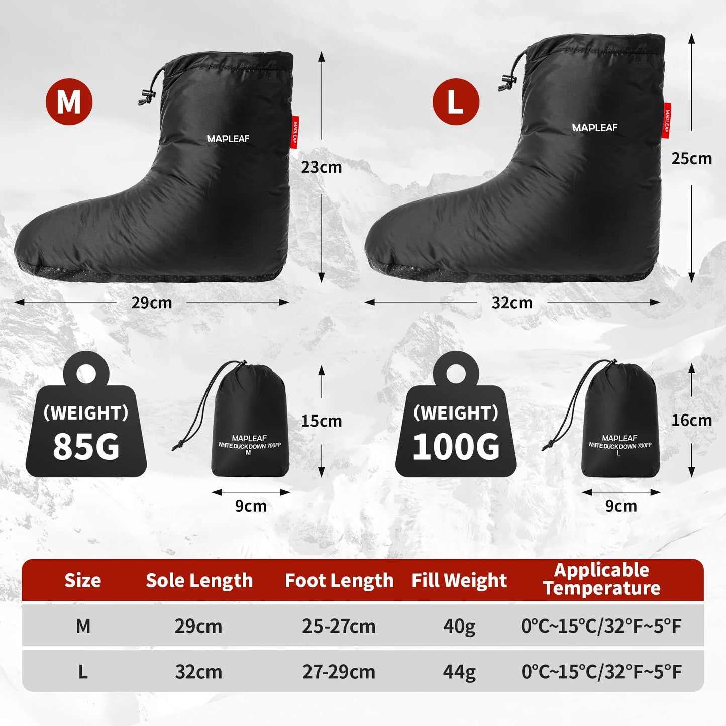 MAPLEAF Down Booties – Winter Warm Down Socks & Slippers for Camping and Hiking