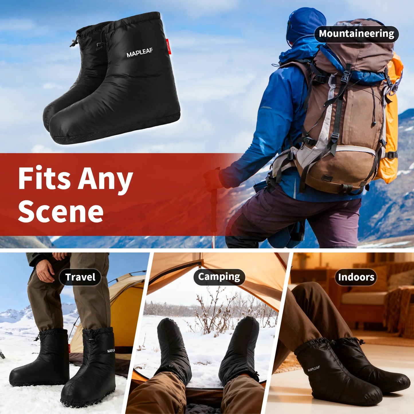 MAPLEAF Down Booties – Winter Warm Down Socks & Slippers for Camping and Hiking