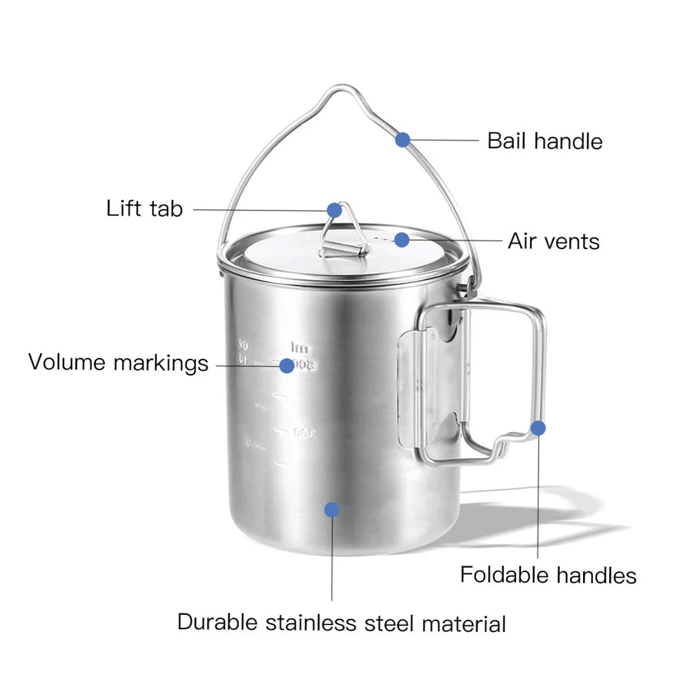 LIXADA Portable 750ml Stainless Steel Pot Water Mug Cup with Lid and Foldable Handle Outdoor Camping Cooking Picnic Drinkingware