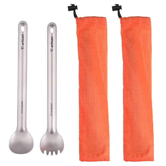 Pure Titanium Cutlery Set – Ultralight Long Handle Spoon or Spork (2pcs) with Storage Bag