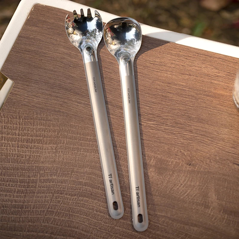 Pure Titanium Cutlery Set – Ultralight Long Handle Spoon or Spork (2pcs) with Storage Bag