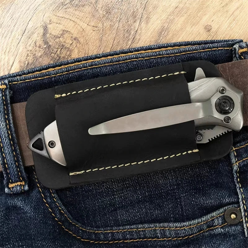 Genuine Leather EDC Folding Knife Sheath – Waist Carrier for Outdoor Survival
