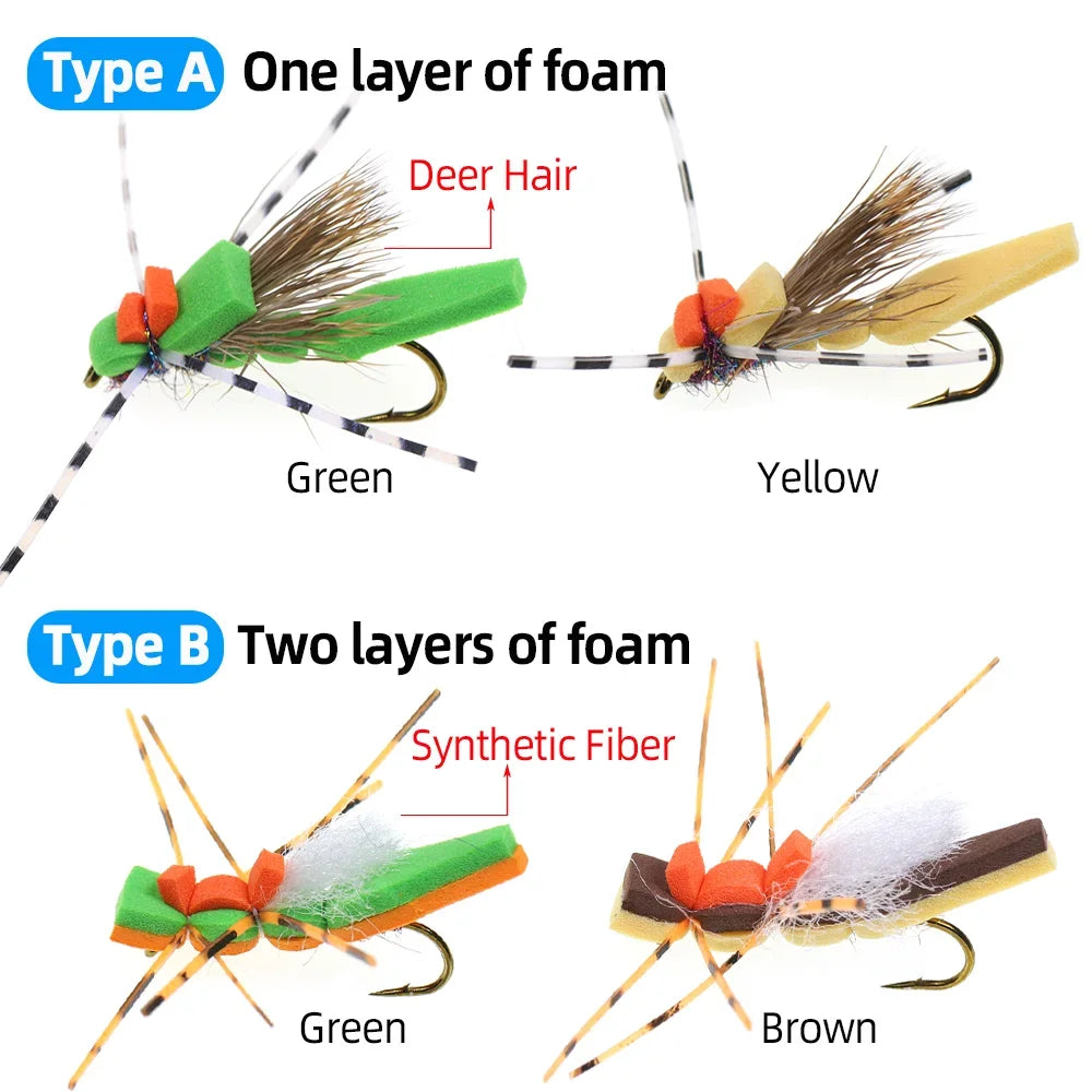 Vampfly 5pcs #8 Foam Grasshopper – Floating Hopper Dry Fly for Trout, Bass & Sunfish