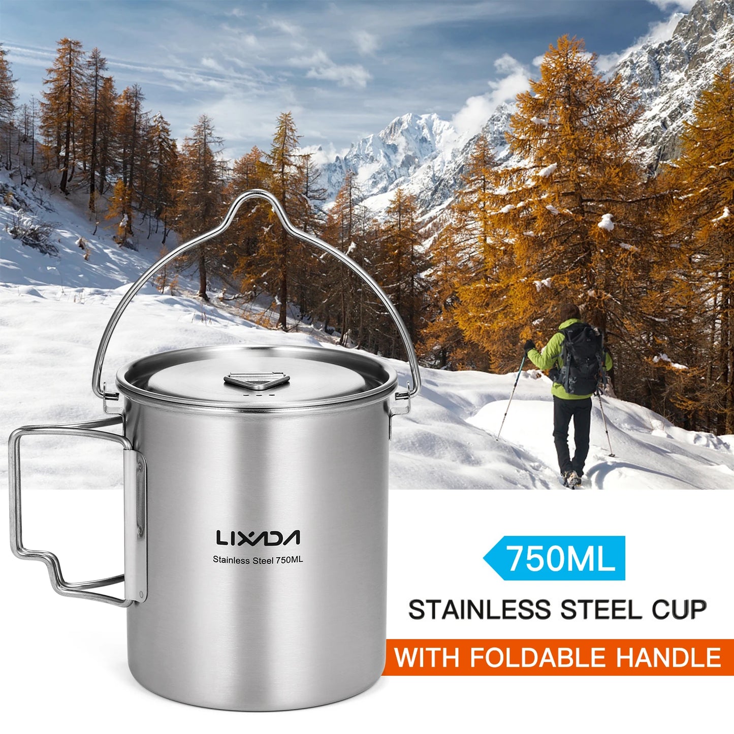LIXADA Portable 750ml Stainless Steel Pot Water Mug Cup with Lid and Foldable Handle Outdoor Camping Cooking Picnic Drinkingware