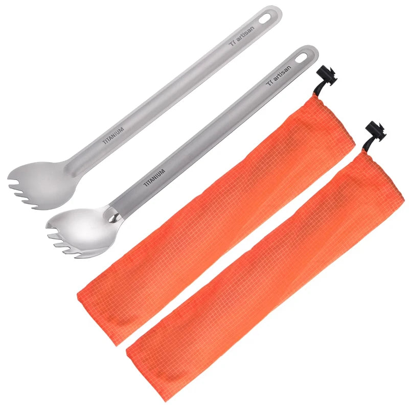 Pure Titanium Cutlery Set – Ultralight Long Handle Spoon or Spork (2pcs) with Storage Bag