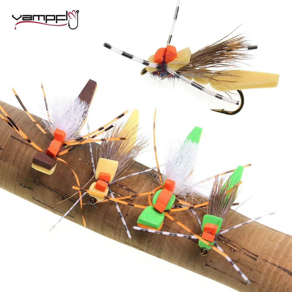 Vampfly 5pcs #8 Foam Grasshopper – Floating Hopper Dry Fly for Trout, Bass & Sunfish