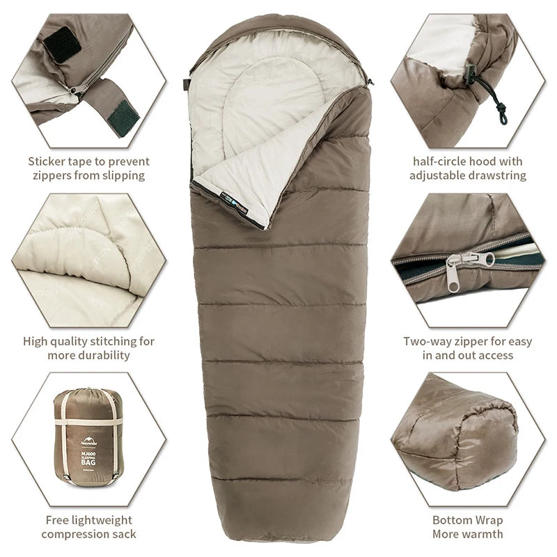 Naturehike MJ Series Winter Sleeping Bags – MJ300 (-1°C) & MJ600 (-12°C) Lightweight Mummy Sleeping Bags for Camping & Hiking