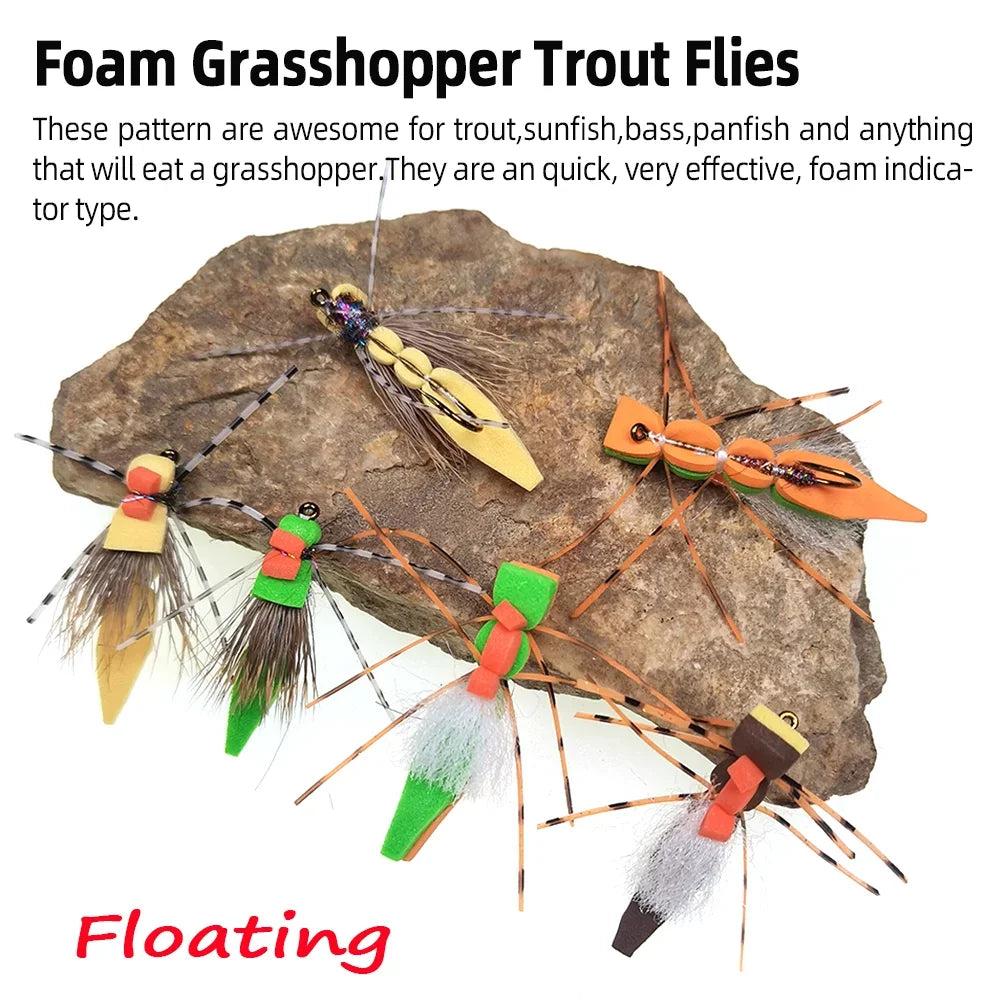 Vampfly 5pcs #8 Foam Grasshopper – Floating Hopper Dry Fly for Trout, Bass & Sunfish
