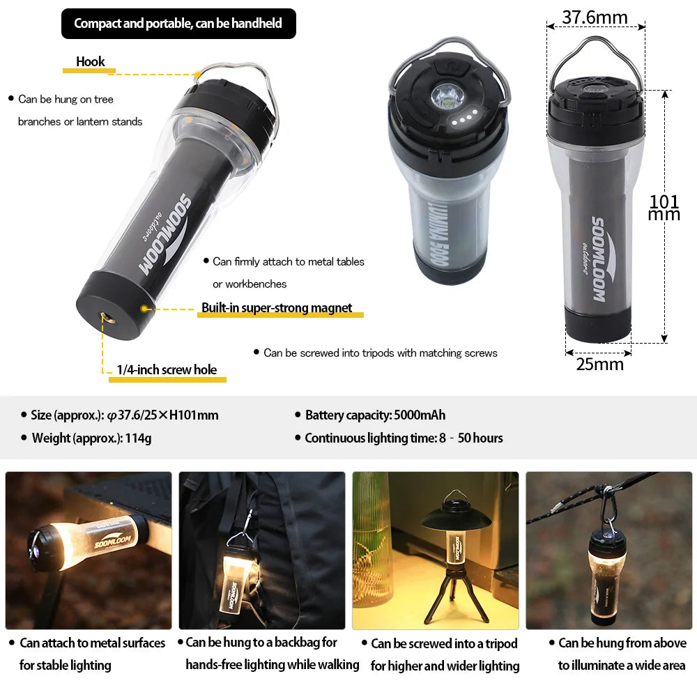 Soomloom 2-Way Camping Lantern – 5000mAh Rechargeable LED Light