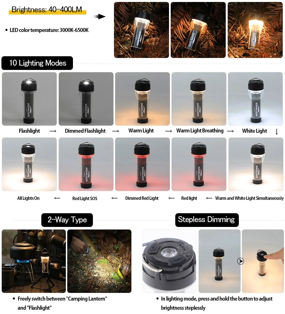 Soomloom 2-Way Camping Lantern – 5000mAh Rechargeable LED Light