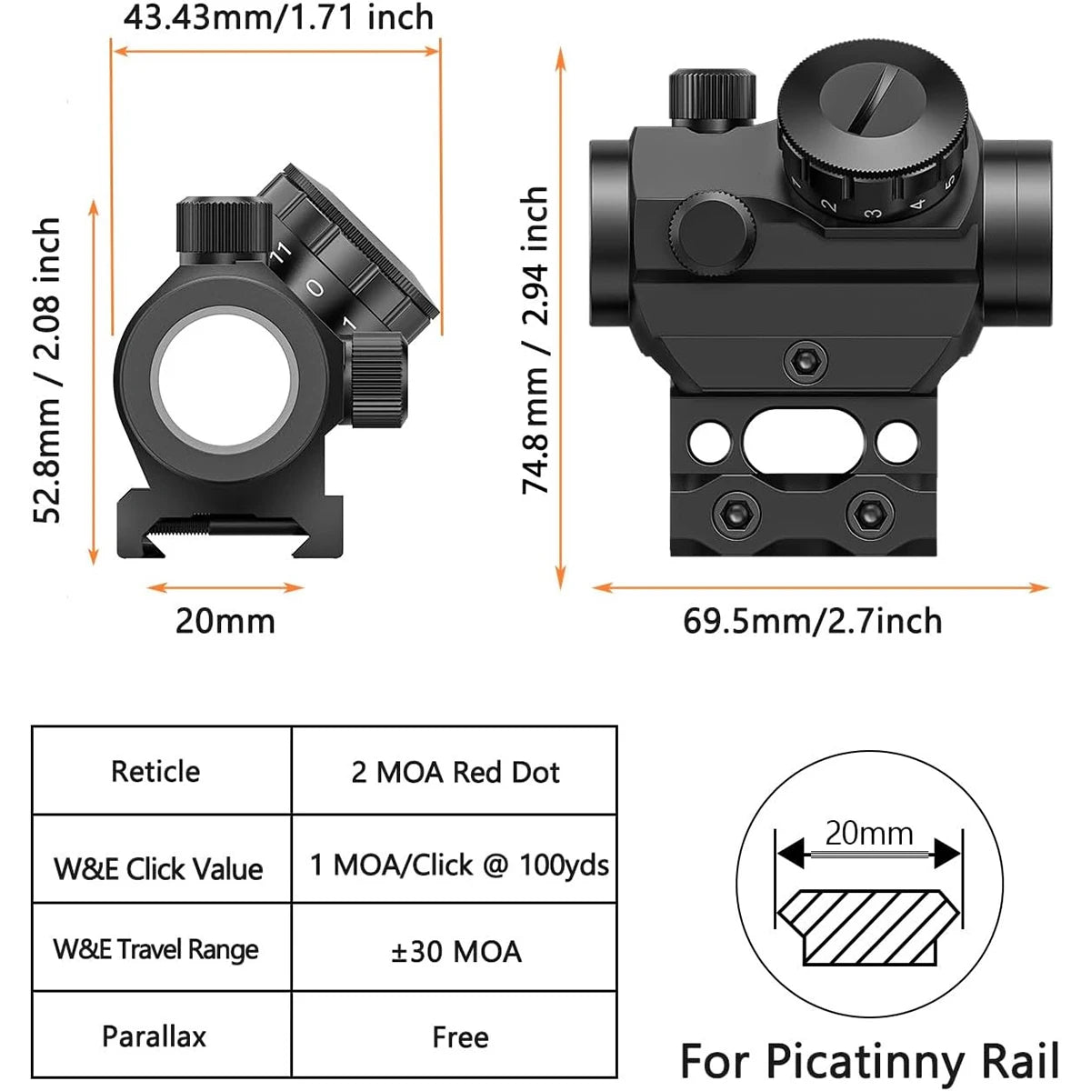 2 MOA Red Dot Sight – 1×25mm Reflex Optic