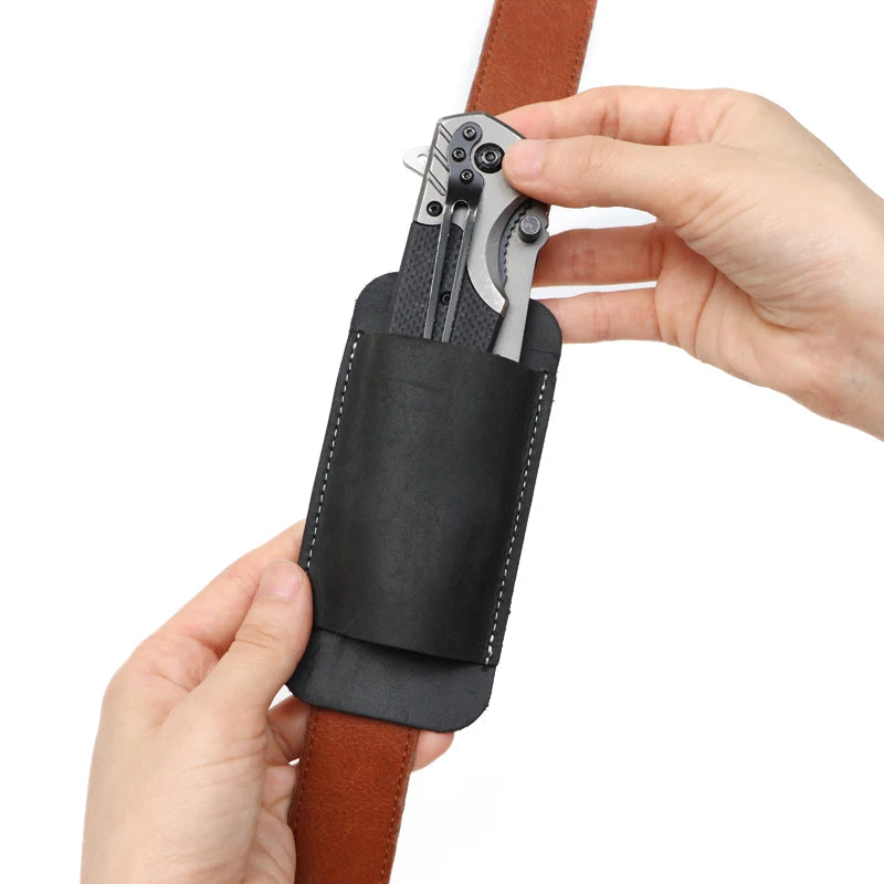 Genuine Leather EDC Folding Knife Sheath – Waist Carrier for Outdoor Survival