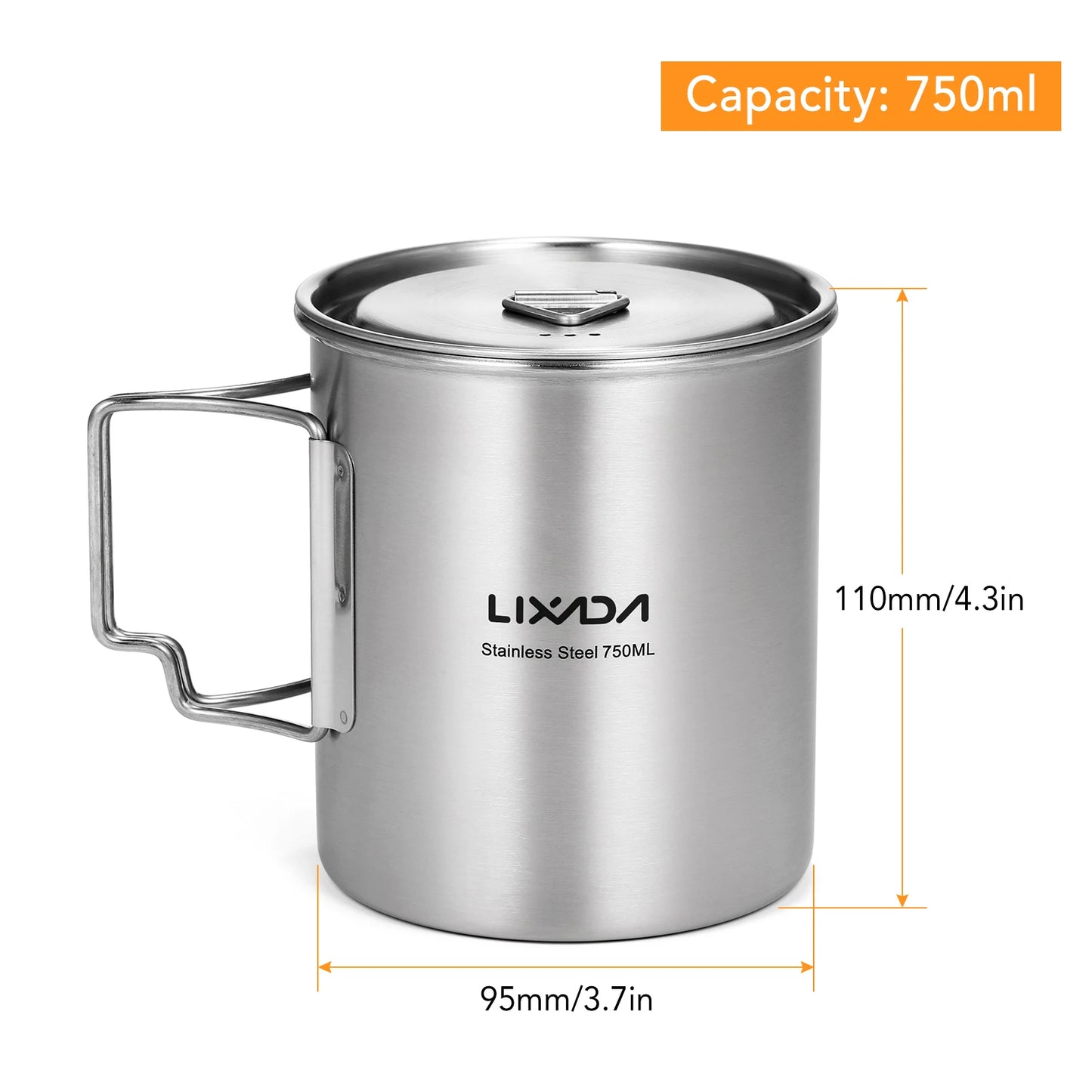 LIXADA Portable 750ml Stainless Steel Pot Water Mug Cup with Lid and Foldable Handle Outdoor Camping Cooking Picnic Drinkingware